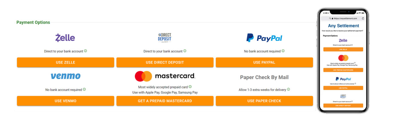 Digital Disbursement Payment Options, including Zelle, Venmo. PayPal, Mastercard Prepaid Cards, and traditional methods including Direct Deposit, and Paper Check by Mail
