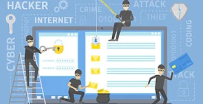 Illustration of theives trying to get into a computer. 